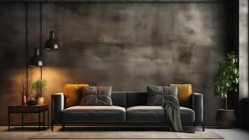 AI generated Modern living room featuring a charcoal sofa with yellow and gray pillows, industrial pendant lights, and vibrant houseplants against a textured wall. photo