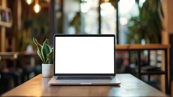 AI generated A laptop with a blank screen placed on a wooden table next to a potted plant, set against a blurred cafe backdrop. photo