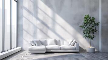 AI generated Sleek white sofa in light modern interior with large window and potted plant, perfect for product staging. photo