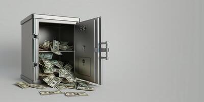 AI generated Banner Secure steel safe overflowing with cash, ideal for financial security, banking, and wealth concepts photo