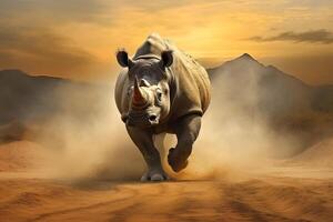 AI generated Wild Rhinoceros charging, Africa, AI Generated photo