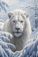 AI generated Portrait of a White Male lion in a snowy environment, AI generated photo