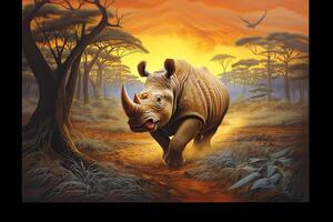 AI generated Wild Rhinoceros walking in the savannah at sunset, Africa, AI Generated photo