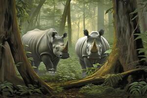 AI generated Two rhinoceros in the forest, Asia, AI Generated photo