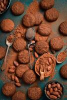 Chocolate brown cookies with cocoa beans. Side view. On a dark background. photo