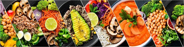 Photo collage of dietary dishes and healthy food. A set of dishes in plates. Photo banner for a food site.