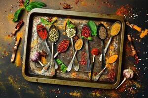 Aromatic Indian spices in spoons on a metal tray. Background of spices. Top view. photo