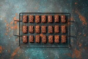 Chocolate cookies with dark chocolate and nuts. Dessert. Top view. On a dark background. Space for text. photo