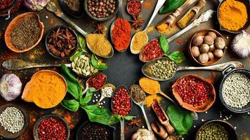 Colorful herbs and spices in spoons for cooking. Indian spices. On the background of black stone. Top view. photo