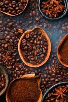 Roasting coffee beans with smoke on a dark background. Arabica or robusta coffee. Coffee background. Top view. photo