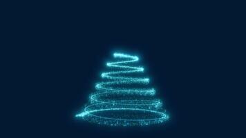 Christmas tree graphic animation card with glowing particles, lights and stars on a blue background. video