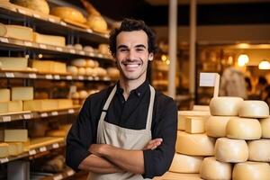 ai generado gracioso retrato de un hermoso queso vendedor en uniforme en pie con sazonado queso en frente de el Tienda escaparate lleno de diferente quesos foto