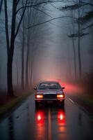 AI generated A car with red lights is driving down a foggy road at night. ai generative photo