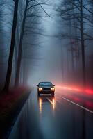 AI generated A car with red lights is driving down a foggy road at night. ai generative photo