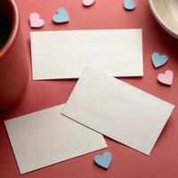 AI generated features a pink table with three white empty cards. ai generative photo