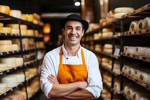 ai generado retrato de un hermoso queso vendedor en uniforme en pie cerca el escaparate lleno de diferente quesos en el Tienda foto