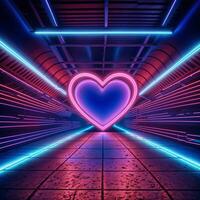 AI generated A tunnel with a heart-shaped neon light at the end, surrounded by a circular neon frame. ai generative photo