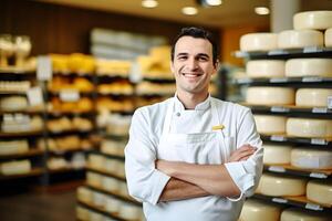 AI generated Funny portrait of a handsome cheese seller in uniform standing with seasoned cheese in front of the store showcase full of different cheeses photo