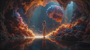 AI generated A woman stands in a cave filled with colorful smoke. She looks up at a floating, colorful cloud. ai generative photo