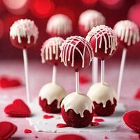 AI generated red velvet cake pops coated in a smooth layer of white chocolate and adorned. ai generative photo