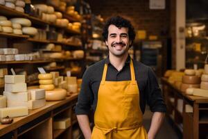 AI generated Funny portrait of a handsome cheese seller in uniform standing with seasoned cheese in front of the store showcase full of different cheeses photo