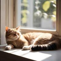 AI generated cat taking a nap on a sunlit window ledge, in warm natural light with a view of a peaceful outdoors. ai generative photo