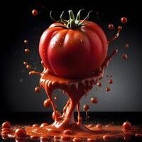 ai generado un tomate en el centrar con un salpicar de tomate salsa alrededor él. ai generativo foto