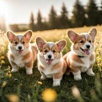 AI generated photography of a group of adorable corgi puppies frolicking in a sunlit meadow their fluffy. ai generative photo