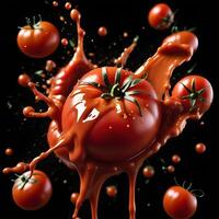 AI generated a tomato in the center with a splatter of tomato sauce around it. ai generative photo