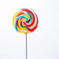 AI generated A colorful lollipop with a white stick, sitting on a white background. ai generative photo