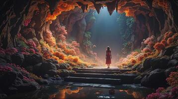 AI generated A woman stands in a cave filled with colorful smoke. She looks up at a floating, colorful cloud. ai generative photo