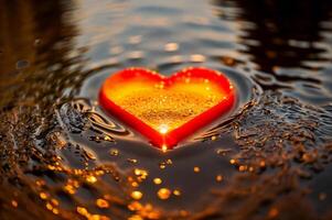 ai generado objeto en forma de corazon brillante calentar ligero flotante en un charco de agua, el ligero refleja en el superficie de el agua. ai generativo foto