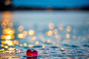 ai generado objeto en forma de corazon brillante calentar ligero flotante en un charco de agua, el ligero refleja en el superficie de el agua. ai generativo foto