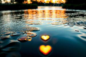 ai generado objeto en forma de corazon brillante calentar ligero flotante en un charco de agua, el ligero refleja en el superficie de el agua. ai generativo foto