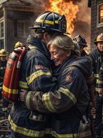 ai generado un bombero abrazos un mayor mujer en frente de un ardiente casa. ai generativo foto