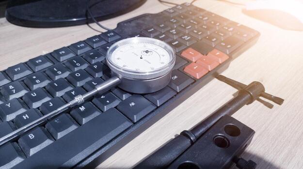 Dial bore gauge and keyboard computer on the wood table for technology of measuring tools concept. photo