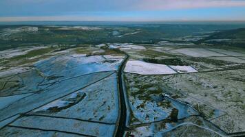 Aerial video of the snow in the fields in Yorkshire