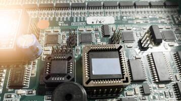 Close-up electronic circuit board. Integrated Circuit  processor  technology  concept. Electrical control board components. Space for text on the  IC surface. photo