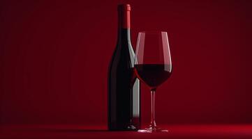 ai generado botella y vaso de rojo vino en un rojo antecedentes foto