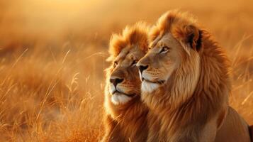 AI generated Majestic lions basking in the golden savannah sun, exuding strength and grace photo