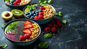 AI generated Smoothie bowls adorned with nutritious toppings, appealing to health-conscious individuals photo