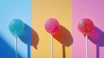 AI generated Playful arrangement of assorted lollipops, casting playful shadows on a pastel backdrop photo