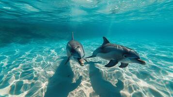 ai generado curioso delfines graciosamente nadando en claro como el cristal Oceano aguas, su pulcro cuerpos deslizamiento sin esfuerzo foto