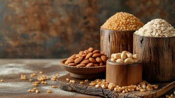 AI generated Wholesome grains and nuts displayed in rustic containers, advocating balanced nutrition photo