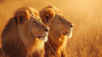 AI generated Majestic lions basking in the golden savannah sun, exuding strength and grace photo