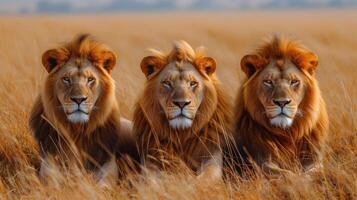 AI generated Majestic lions basking in the golden savannah sun, exuding strength and grace photo