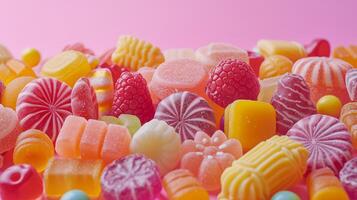 AI generated Whimsical still life showcasing an array of colorful hard candies, promising a sweet escape photo