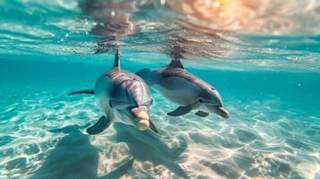 AI generated Curious dolphins gracefully swimming in crystal-clear ocean waters, their sleek bodies gliding effortlessly photo