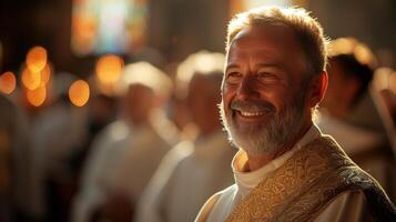 AI generated A clergyman's uplifting smile, resonating with the spiritual harmony of the sacred place photo