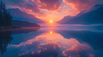 AI generated A breathtaking sunrise over the serene waters of a tranquil mountain lake photo